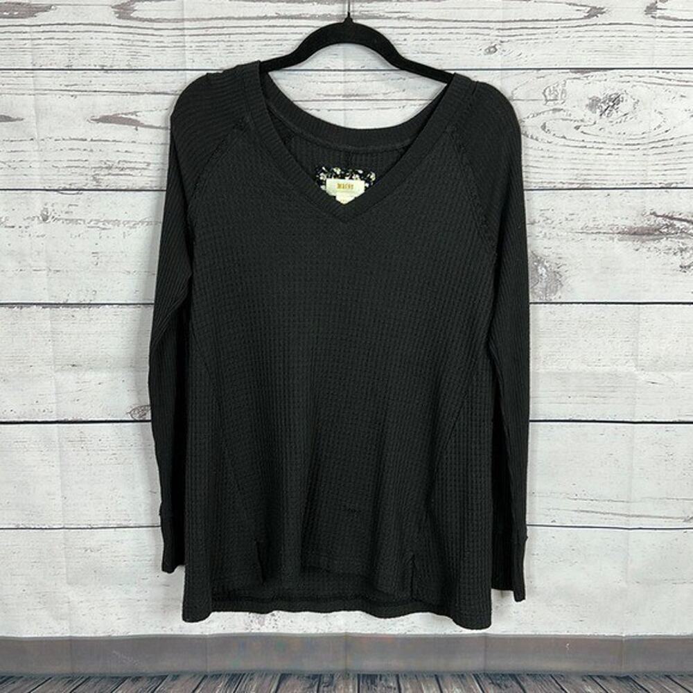 Maeve‎ Anthropologie Top Shirt Womens Small Black Waffle Thermal Textured Boxy